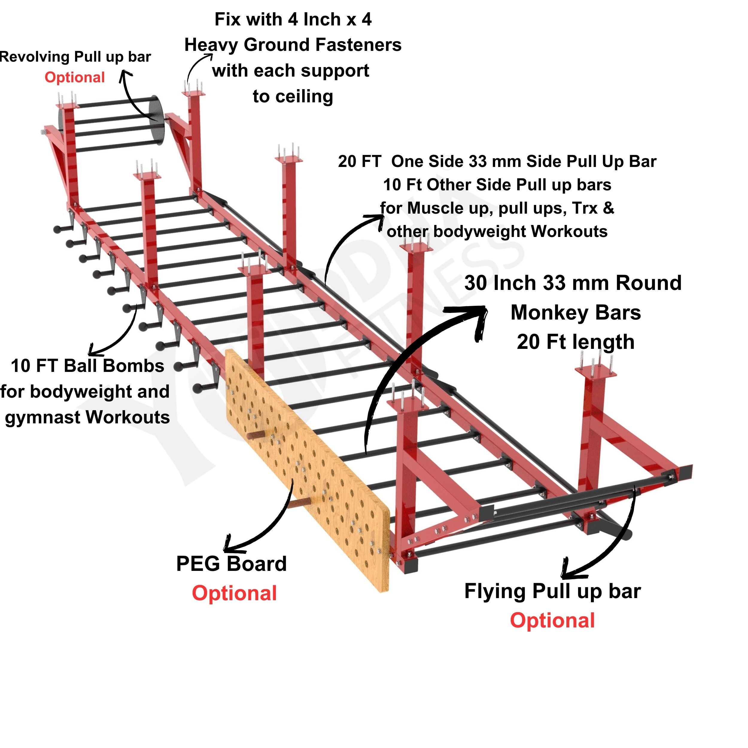 Monkey Bar - Ceiling Mounted - 20 FT - Yoddha Fitness Inc